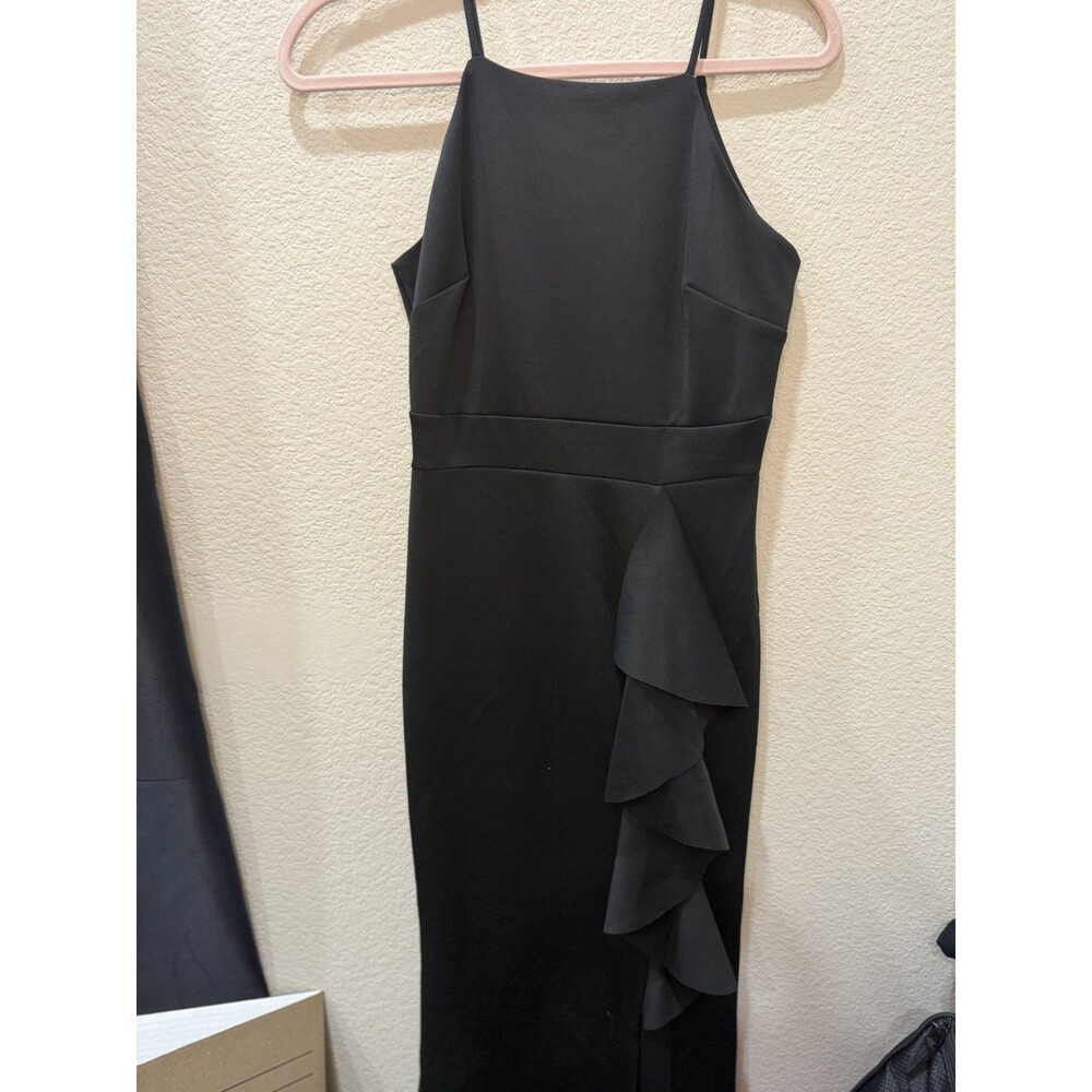 Sweet Storm Black High Neck Ruffle Maxi Dress Slit S